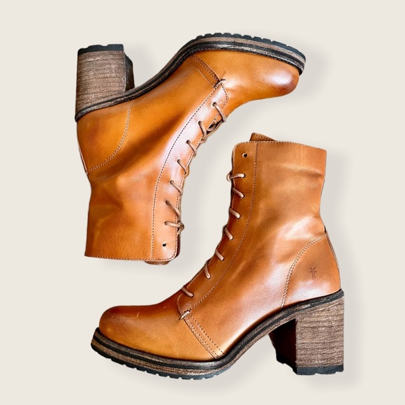 Frye Karen Cognac Leather Combat Lace Up Combat Wood Block Heel Ankle Boots - Picture 16 of 16